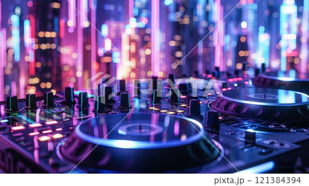 A close-up of a DJ mixer with glowing buttons and dials, the background blurred with a vibrant cityscape of colorful neon lights. 121384394
