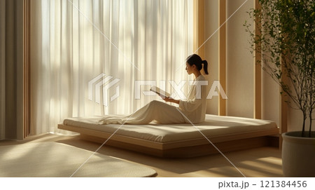 In a serene room filled with natural light, an individual sits comfortably on a minimalist platform, absorbed in reading a book 121384456