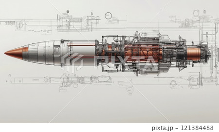 This illustration shows a detailed cross-section of a missile, revealing its internal structure and essential components, highlighting advanced engineering and technology. 121384488
