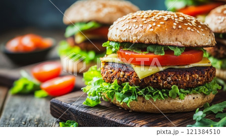 Succulent vegetarian burgers topped with cheese, tomatoes, and lettuce served on a wooden board with fresh salad ingredients. Succulent vegetarian burgers topped with cheese, tomatoes, and lettuce served on a wooden board with fresh salad ingredients. 121384510