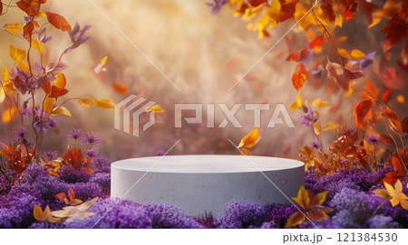 In a tranquil autumn setting, a circular pedestal is surrounded by colorful flowers and falling leaves, creating a peaceful atmosphere filled with warm hues of orange, yellow, and purple. 121384530