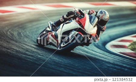 A skilled motorcycle racer navigates a sharp curve on a racetrack, showcasing precision and speed under bright daylight. 121384532