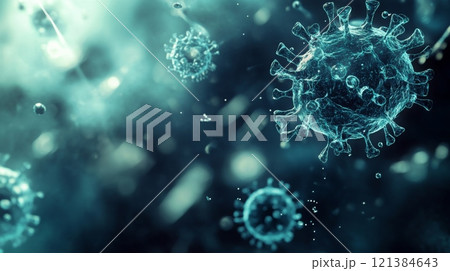 The intricate details of viral particles are depicted in a lab setting, showcasing the unique shapes and structures of viruses under a microscope with a focus on their complexity and behavior. 121384643