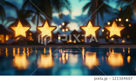 Golden star-shaped lights glow gently above a calm pool, reflecting on the water while palm trees sway in the evening breeze, creating a peaceful ambiance suitable for relaxation and enjoyment. Golden star-shaped lights glow gently above a calm pool, reflecting on the water while palm trees sway in the evening breeze, creating a peaceful ambiance suitable for relaxation and enjoyment. 121384687
