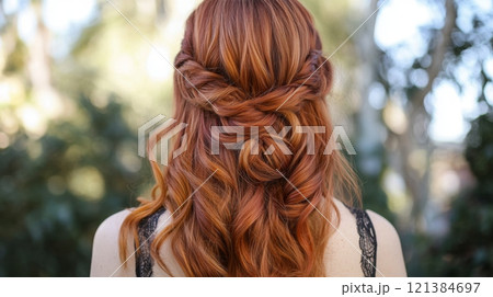 A woman with wavy, reddish hair elegantly styled with twists enjoys a sunny day in a lush outdoor environment. A woman with wavy, reddish hair elegantly styled with twists enjoys a sunny day in a lush outdoor environment. 121384697