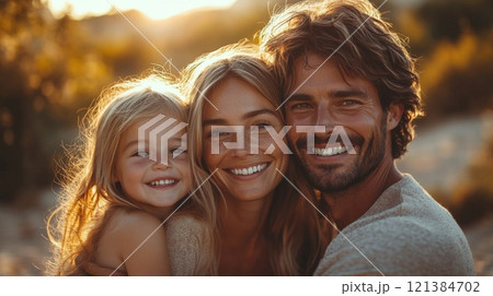 A happy family embraces each other as they enjoy the warmth of a sunset. The joyful atmosphere highlights their close-knit bond and shared laughter. 121384702