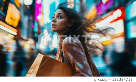 In a vibrant shopping district illuminated by colorful neon lights, a young woman with long, flowing hair carries a shopping bag while walking purposefully. The atmosphere is lively and dynamic. 121384718