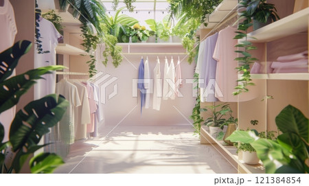 A room filled with numerous potted plants and clothes hanging on lines strung across the space. 121384854