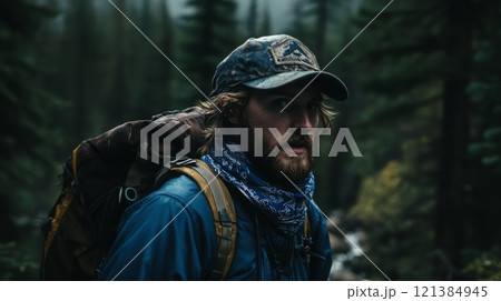 A hiker pauses on a shaded trail surrounded by tall trees, wearing a cap and backpack, as mist envelops the landscape. 121384945