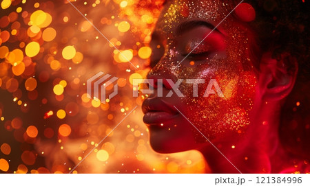 A close-up shot of a woman's face covered in gold glitter with red and gold lights in the background. 121384996