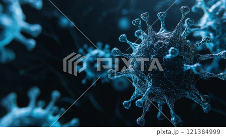 The intricate structure of virus particles is displayed, showcasing their spiked surface and spherical shape against a dark backdrop, highlighting their presence in biological environments. 121384999