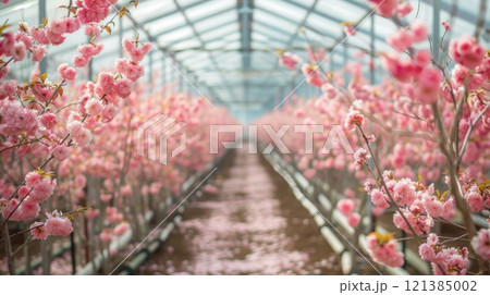 Vibrant cherry blossoms fill a greenhouse, creating a pathway of pink blooms reflecting the beauty of early spring. 121385002