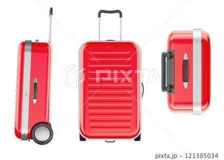 Red Suitcases with Wheels. Side, front and top views. Hardside Luggage with Spinner Wheels and Telescoping Handle, 3D rendering 121385034