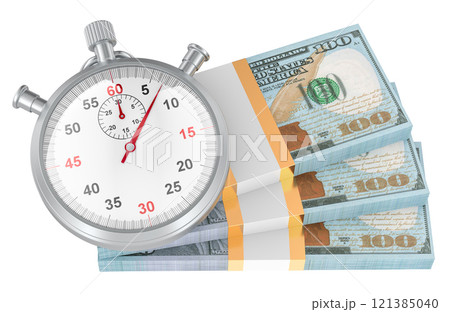 Stopwatch with Dollar packs, make money concept. 3D rendering Stopwatch with Dollar packs, make money concept. 3D rendering 121385040