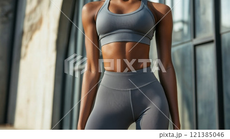 A fitness enthusiast stands confidently outdoors, dressed in a stylish athletic outfit. Sunlight illuminates the scene, highlighting her toned physique and the texture of her workout gear. 121385046