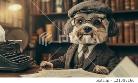 A smart-looking dog in a tweed suit and glasses sits at a vintage typewriter surrounded by towering bookshelves. Its thoughtful expression suggests a unique blend of curiosity and intelligence. 121385166