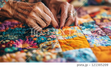 A skilled craftsperson carefully stitches together vibrant quilt squares, showcasing intricate details and textures. 121385209
