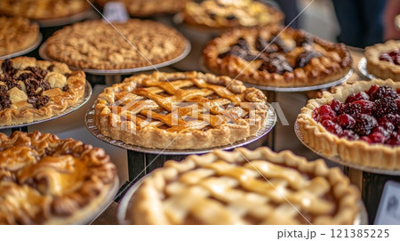 A colorful assortment of assorted pies fills a table at a farmer's market, showcasing different flavors and crust designs under soft natural light. 121385225