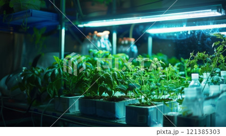 A close-up of green plants growing in a hydroponic setup under artificial light. 121385303