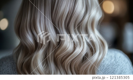 Long, wavy hair with blonde highlights is displayed from the back, illuminated by soft evening light indoors. 121385305