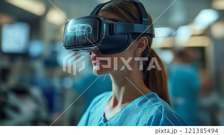A healthcare professional wears virtual reality goggles while engaging with digital medical simulations in a busy hospital environment. The setting appears high-tech and innovative. 121385494