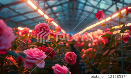 Vibrant roses are flourishing under soft, glowing lights in a greenhouse as dusk sets in, creating a magical atmosphere. 121385574