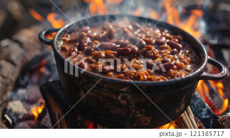 A pot of beans simmers over an open fire, surrounded by logs, releasing steam and inviting warmth in a rustic outdoor setting. 121385717