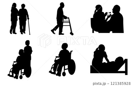 介護・福祉を描いたシルエットのセット 121385928