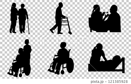 介護・福祉を描いたシルエットのセット 121385928