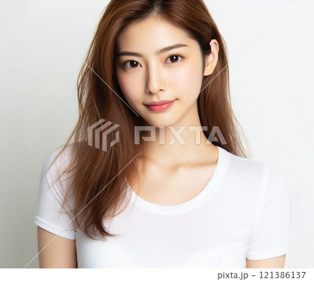 白いTシャツの美女 121386137