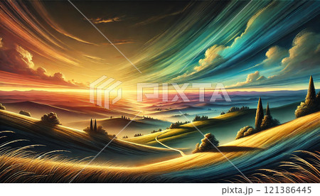 「幻想的な草原と壮大な夕焼けの風景 - 壮麗な自然の瞬間」 121386445