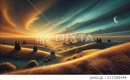「幻想的な草原と壮大な夕焼けの風景 - 壮麗な自然の瞬間」 121386446