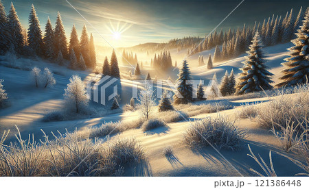 「朝日が差し込む冬の雪景色 - 幻想的で静寂な自然風景」 121386448