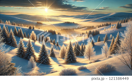 「朝日が差し込む冬の雪景色 - 幻想的で静寂な自然風景」 121386449