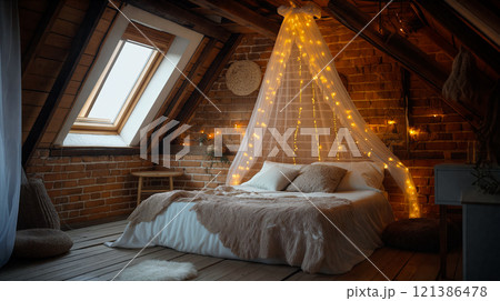 Cozy attic bedroom with fairy lights, wooden accents, and a romantic atmosphere during the evening glow Cozy attic bedroom with fairy lights, wooden accents, and a romantic atmosphere during the evening glow 121386478