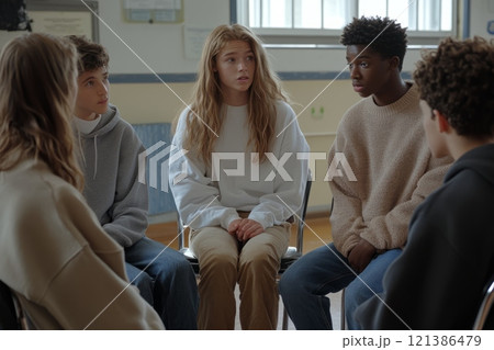 Engaged teens in classroom discussion for educational and social learning concepts Engaged teens in classroom discussion for educational and social learning concepts 121386479