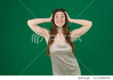 Photo of fancy crazy wavy lady red bright pomade festive event party dance night confetti falling catch glitter stars wear sequins burgundy mini dress isolated yellow color background 121386658