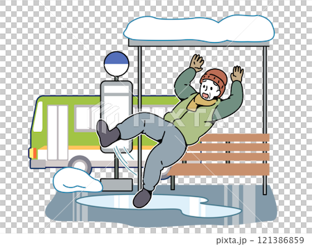 Grandpa falls on frozen road_bus stop Grandpa falls on frozen road_bus stop 121386859