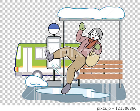 凍結した路面で転ぶおばあちゃん_停留所 121386860