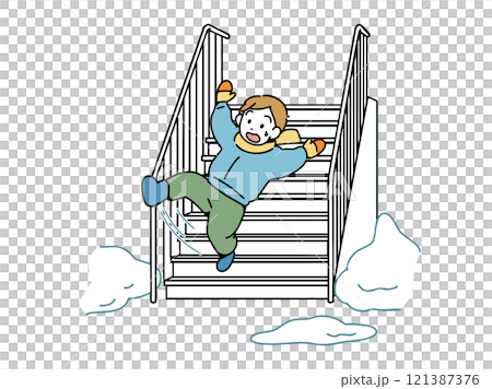 A boy slips and falls down the stairs on a snowy road A boy slips and falls down the stairs on a snowy road 121387376