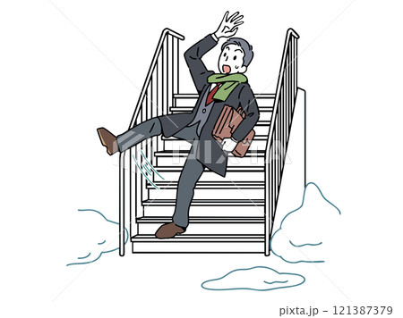 雪道の階段で滑って転ぶ男性 雪道の階段で滑って転ぶ男性 121387379