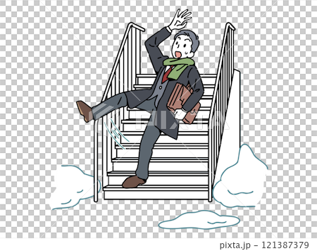 一名男子在積雪的樓梯上滑倒 121387379