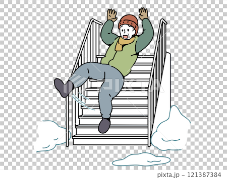 一名老人在積雪的樓梯上滑倒 121387384