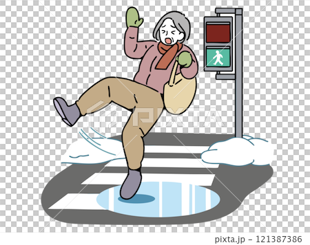 一位老婦在雪路上的行人穿越道上滑倒 121387386