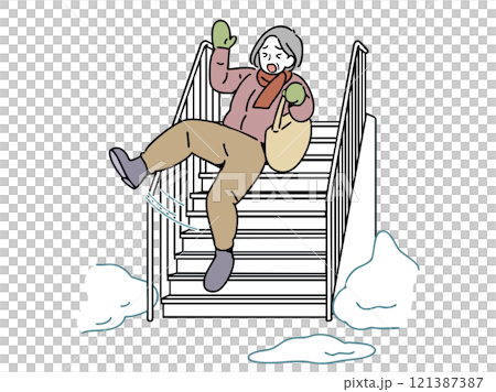 雪道の階段で滑って転ぶおばあさん 121387387