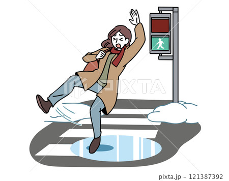 雪道の横断歩道で滑って転ぶ女性 121387392