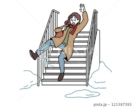 雪道の階段で滑って転ぶ女性 121387393