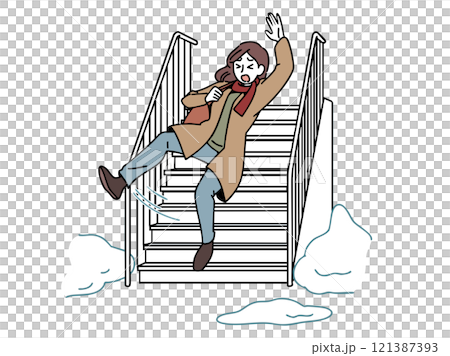 雪道の階段で滑って転ぶ女性 121387393