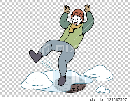 Grandpa falls on frozen road_manhole 121387397