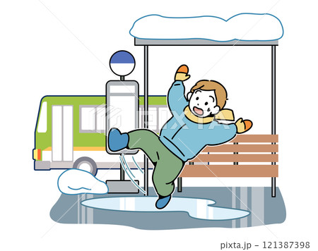 凍結した路面で転男の子_停留所 121387398